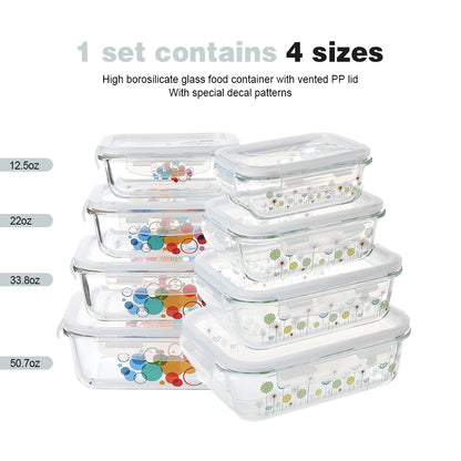 Delight King 8-Pc Glass Storage Set: Airtight, Leak-Proof Food Containers - Microwave Safe, Dishwasher Safe, Assorted Sizes 12.5-50.7oz
