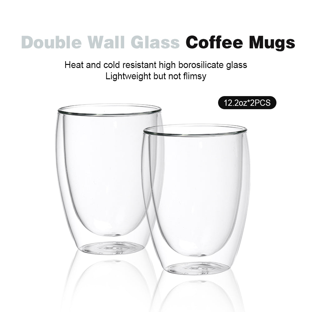 Delight King Glass Coffee Mugs Set of 2 – Premium Borosilicate Glass Coffee Mug Set – Practical and Heat Resistant Cute Glass Cups for Coffee, Tea, Cappuccino – Easy to Hold Modern Clear Glass Cups