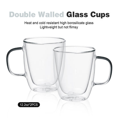 Delight King Glass Coffee Mugs Set of 2 – Premium Borosilicate Glass Coffee Mug Set – Practical and Heat Resistant Cute Glass Cups for Coffee, Tea, Cappuccino – Easy to Hold Modern Clear Glass Cups