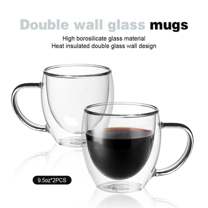 Delight King Glass Coffee Mugs Set of 2 – Premium Borosilicate Glass Coffee Mug Set – Practical and Heat Resistant Cute Glass Cups for Coffee, Tea, Cappuccino – Easy to Hold Modern Clear Glass Cups