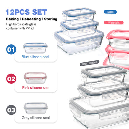 Delight King Glass Storage Containers Set - 12-Piece High Borosilicate Glass Meal Prep Containers - Airtight and Leak-Proof Kitchen Storage Containers - Oven, Microwave, Freezer, Dishwasher Safe