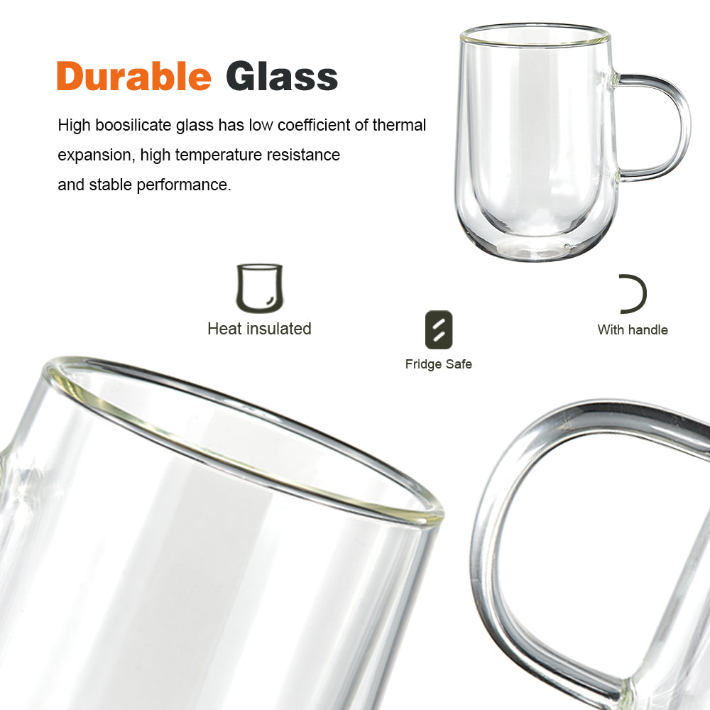 Delight King Glass Coffee Mugs Set of 2 – Premium Borosilicate Glass Coffee Mug Set – Practical and Heat Resistant Cute Glass Cups for Coffee, Tea, Cappuccino – Easy to Hold Modern Clear Glass Cups