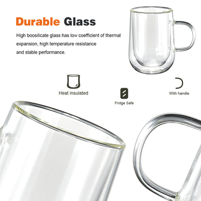 Delight King Glass Coffee Mugs Set of 2 – Premium Borosilicate Glass Coffee Mug Set – Practical and Heat Resistant Cute Glass Cups for Coffee, Tea, Cappuccino – Easy to Hold Modern Clear Glass Cups