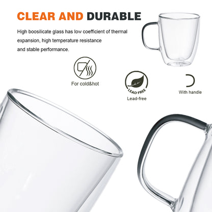 Delight King Glass Coffee Mugs Set of 2 – Premium Borosilicate Glass Coffee Mug Set – Practical and Heat Resistant Cute Glass Cups for Coffee, Tea, Cappuccino – Easy to Hold Modern Clear Glass Cups