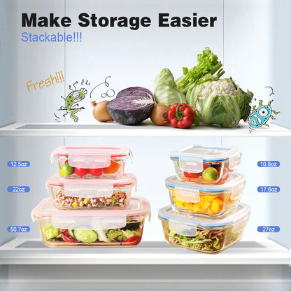 Delight King Glass Storage Containers Set - 12-Piece High Borosilicate Glass Meal Prep Containers - Airtight and Leak-Proof Kitchen Storage Containers - Oven, Microwave, Freezer, Dishwasher Safe