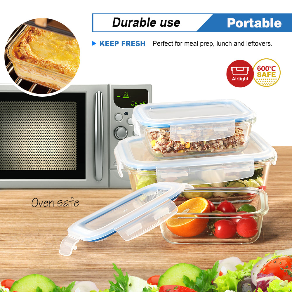 Delight King Glass Storage Containers Set - 12-Piece High Borosilicate Glass Meal Prep Containers - Airtight and Leak-Proof Kitchen Storage Containers - Oven, Microwave, Freezer, Dishwasher Safe