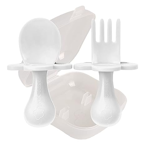 Grabease Baby and Toddler Self-Feeding Utensils Spoon and Fork Set, White 3pcs