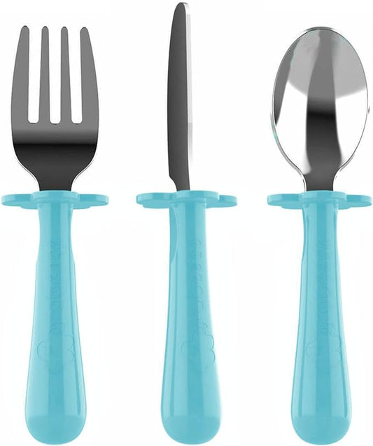 Grabease 3-Piece Stainless Steel Utensil Set for Independent Self-Feeding: Fork, Spoon & Curve-Tip Safety Knife for 18 Months & Up (Teal)