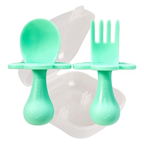 Grabease Baby and Toddler Self-Feeding Utensils Spoon and Fork Set, Mint 3 pcs