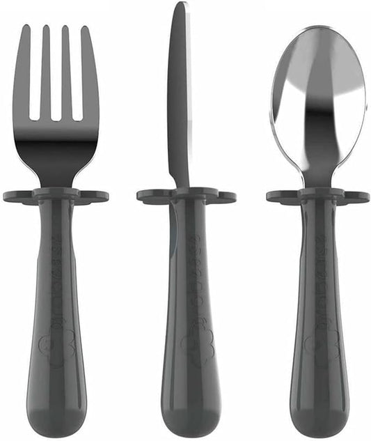 Grabease 3-Piece Stainless Steel Utensil Set for Independent Self-Feeding: Fork, Spoon & Curve-Tip Safety Knife for 18 Months & Up (Gray)