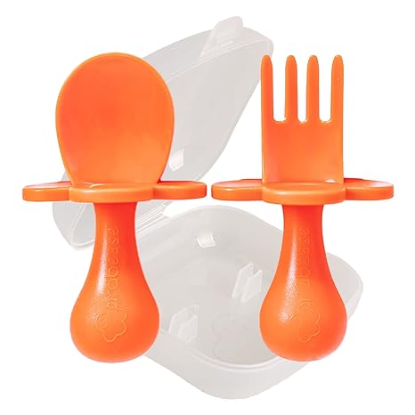 Grabease Baby and Toddler Self-Feeding Utensils Spoon and Fork Set, Orange