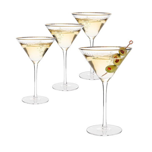 The Wine Savant Gold Rim Glasses 10 oz, Set of 4 Gold Rim Classic Manhattan Glasses For Martini, Cocktails, Champagne, Water & Wine - Classic Coupes Gilded Rimed, Crystal with Stems, Coupe