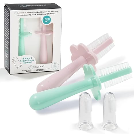 Grabease Double-Sided Toothbrush for Babies and Toddlers With Free Silicone Baby Finger Brush, 2 Pack (Mint, Blush)
