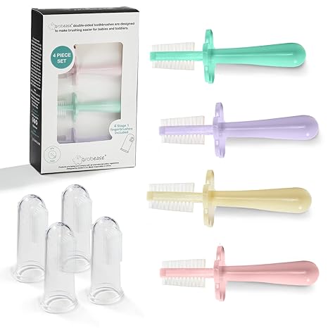 Grabease Double-Sided Toothbrush for Babies and Toddlers With Free Silicone Baby Finger Brush, 4 Pack (Lavender, Blush, Yellow, Mint)