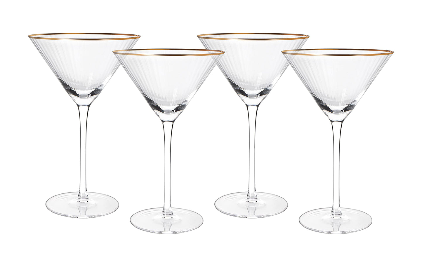 The Wine Savant Gold Rim Glasses 10 oz, Set of 4 Gold Rim Classic Manhattan Glasses For Martini, Cocktails, Champagne, Water & Wine - Classic Coupes Gilded Rimed, Crystal with Stems, Coupe