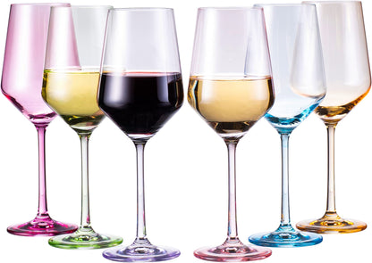 Colored Crystal Wine Glass Set of 6, Large Stemmed 12 oz Glasses, Great for all Occasions & Special Celebrations Unique Italian Style Tall Drinkware for Red & White Wine, Water Dinner, Color Glassware