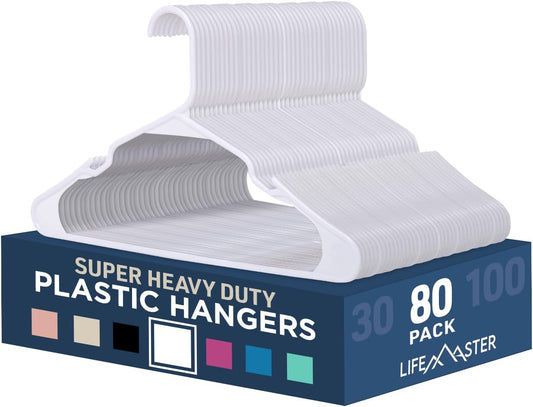 Lifemaster Plastic Clothes Hanger Set - 80 Pieces Versatile, Lightweight, Space-Saving, Non-Slip, Slim Designed, Dry And Wet Clothes Hanger Set - White