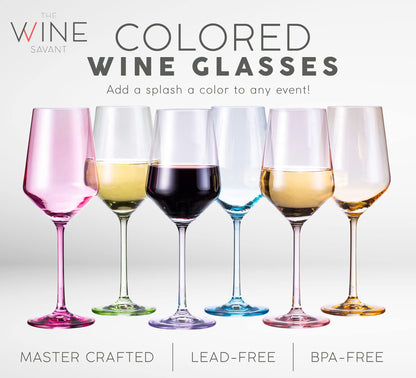 Colored Crystal Wine Glass Set of 6, Large Stemmed 12 oz Glasses, Great for all Occasions & Special Celebrations Unique Italian Style Tall Drinkware for Red & White Wine, Water Dinner, Color Glassware