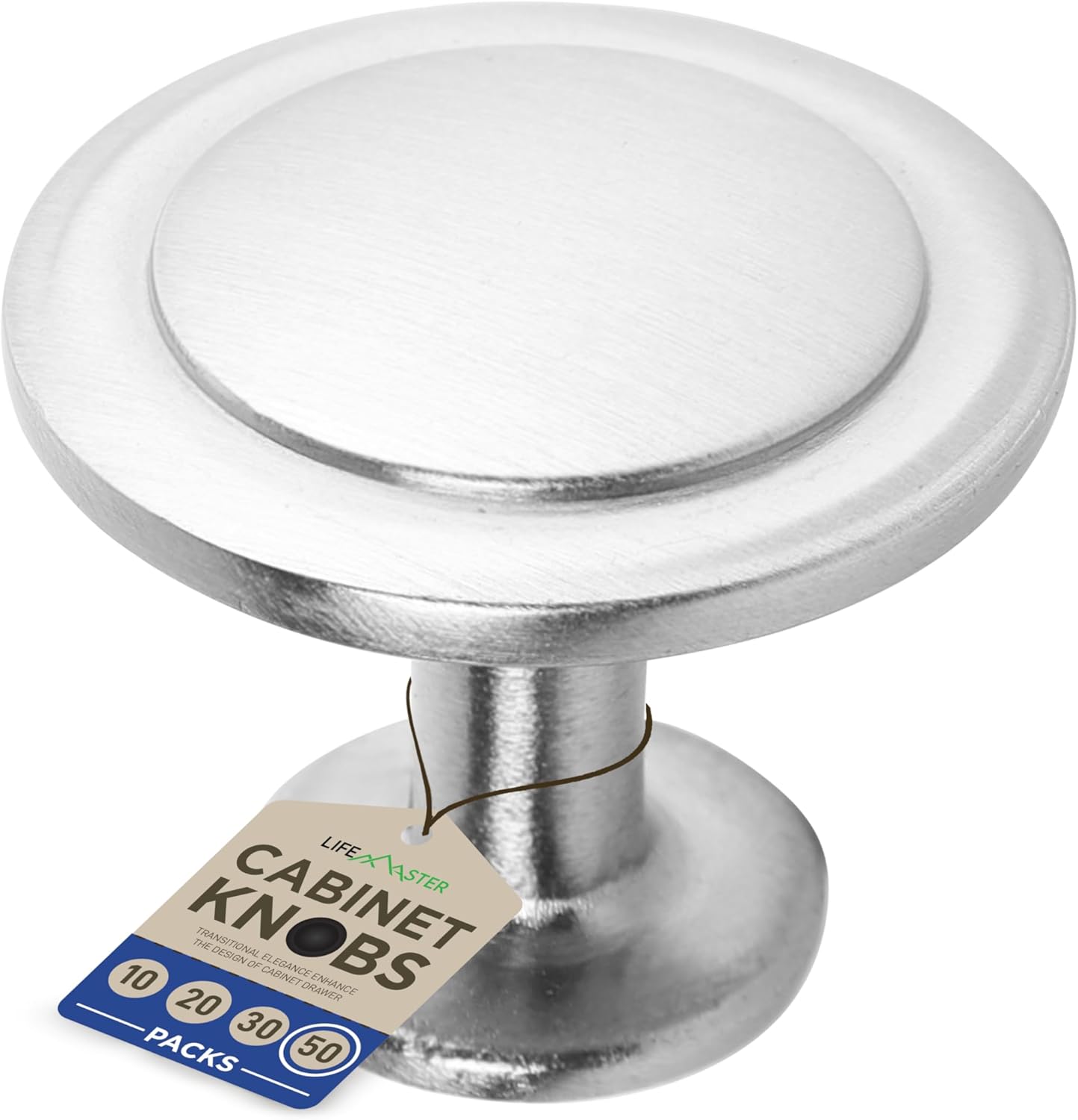 LifeMaster 50pcs 1-1/4" Brushed Nickel Cabinet Knobs - Rust-Proof Finish, Modern Design, Strong Zinc Alloy Construction, Complete with 100 Screws. Transform Your Space with Style and Durability!