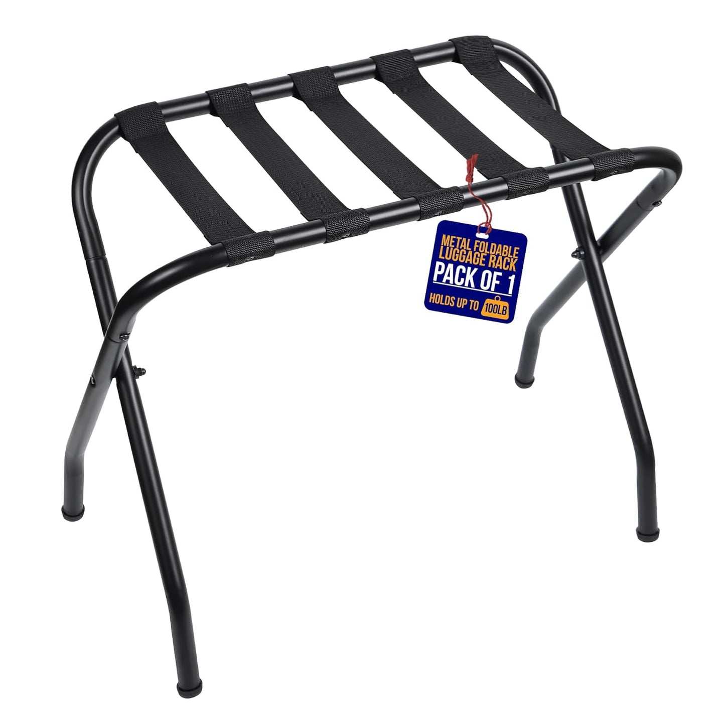 Lifemaster Metal Luggage Rack - Pack of 1 Foldable, Easy Assembly, Space Saving, and Stylish Steel Frame Guest Suitcase Stands with  Nylon Straps - Black