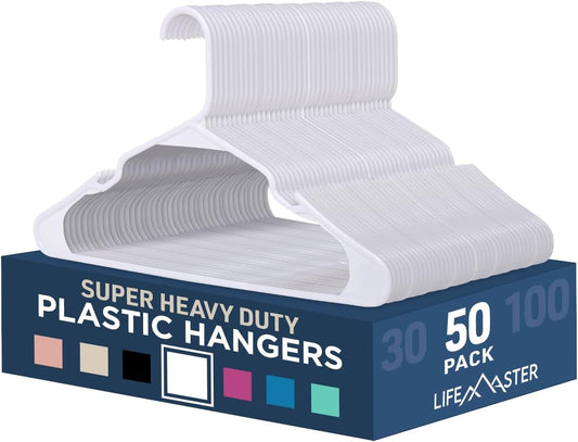 LifeMaster 50 Pcs. Lightweight White Plastic Clothes Hangers Set with Smart Shoulder Grooves - Space-Saving, Non-Slip, Durable Coat Hangers for Organized Closets