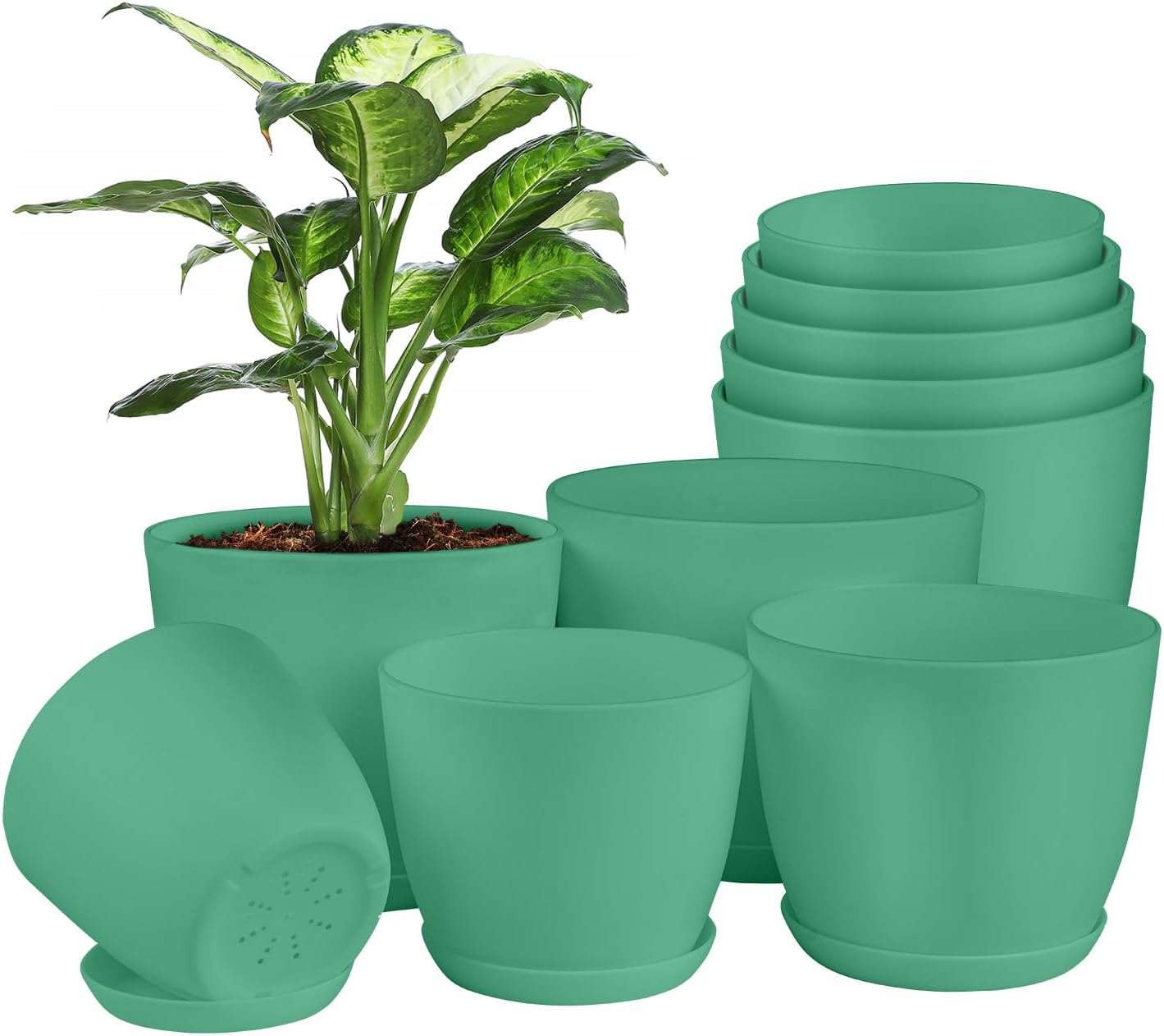 Planter Pots with Drainage Holes - Lightweight, Durable, & Space-Saving Pots for Indoor and Outdoor - Versatile Functionality, Simple Modern Design, Set of 10 Plastic Planter Pots Mint