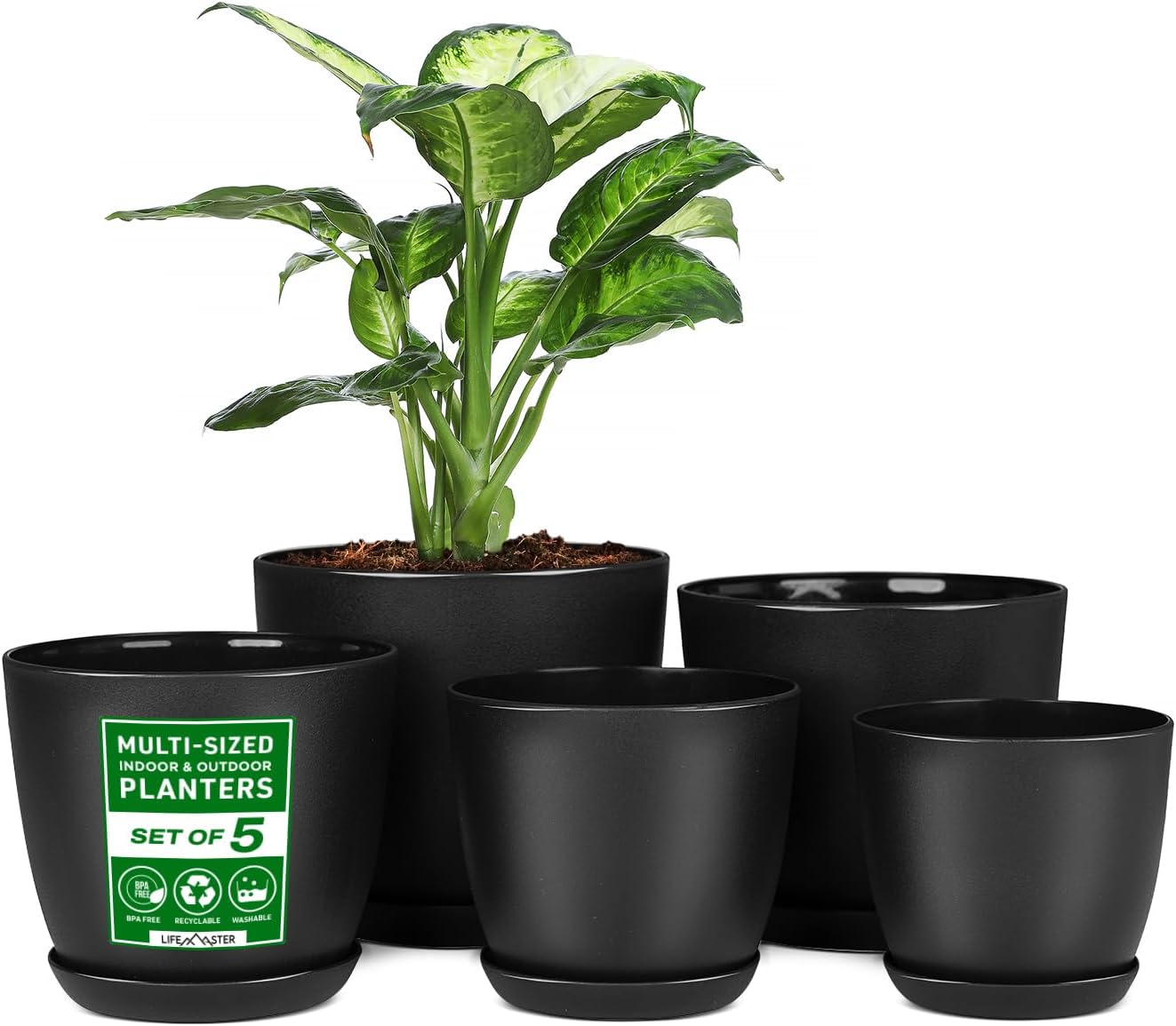 Lifemaster Plant Pots with Multi Drainage Holes - 5 Pieces Versatile, Sturdy Plastic, Stackable Design Home Decor Flower Pots for Indoor and Outdoor Gardening - Black