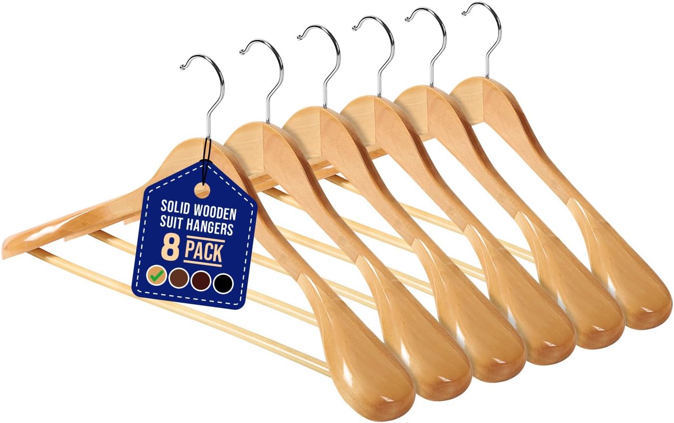 Lifemaster Solid Wooden Hanger Set - 8 Pieces Non-Slip Versatile Closet Space-Saving Hanger Set for Suit, Coat, Camisole, Jacket, Pants, and Dresses with 360° Swivel Hook