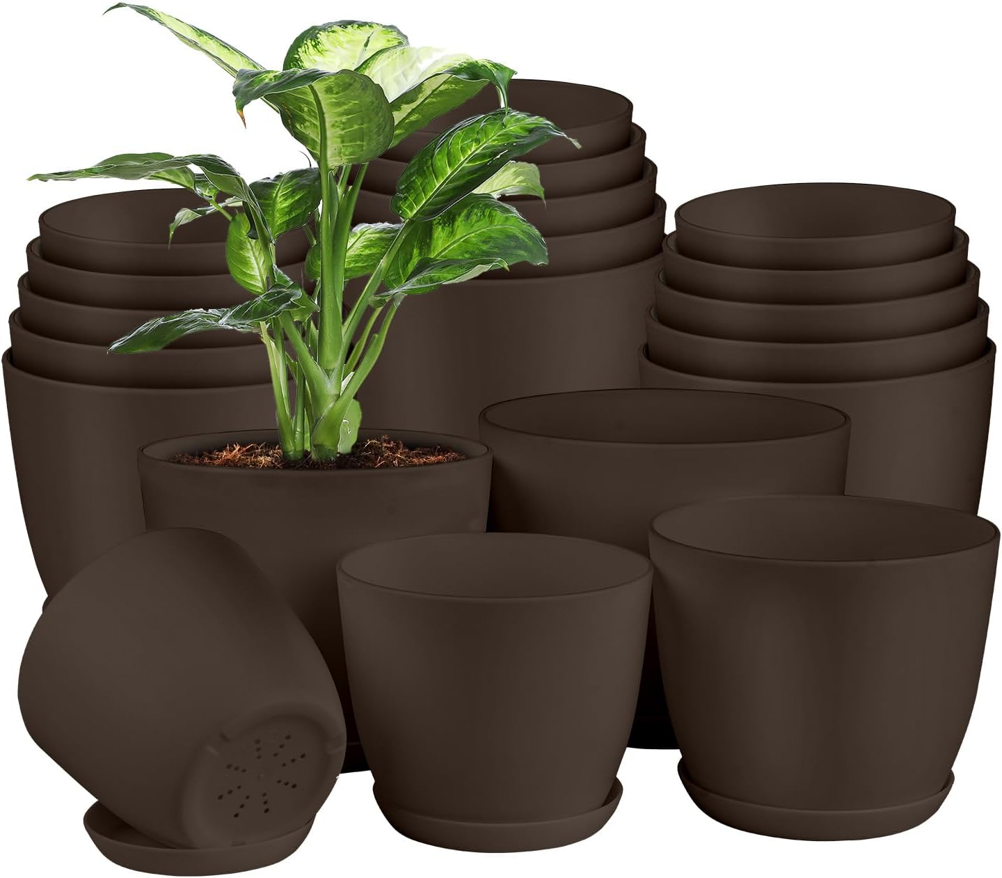 Planter Pots with Drainage Holes - Lightweight, Durable & Space-Saving Pots for Indoor and Outdoor - Versatile Functionality, Simple Modern Design, Set of 20 Plastic Planter Pots - Brown