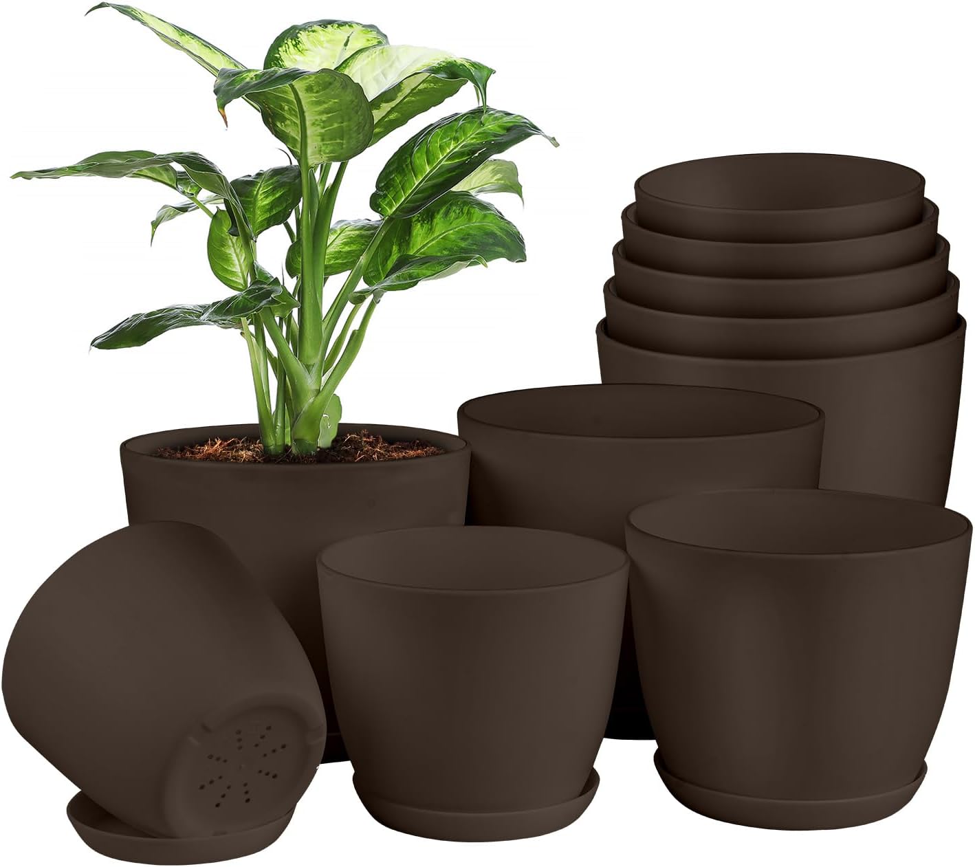 Planter Pots with Drainage Holes - Lightweight, Durable & Space-Saving Pots for Indoor and Outdoor - Versatile Functionality, Simple Modern Design, Set of 10 Plastic Planter Pots - Brown