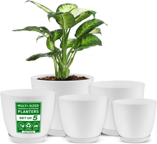 Lifemaster Eco friendly Plant Pot Set -5-Pack Home Decor Flower Indoor and Outdoor Plastic Pots with Drainage Holes, Assorted Sizes (7", 6.6", 6", 5.3", 4.8") - Stackable Garden Versatile Planters