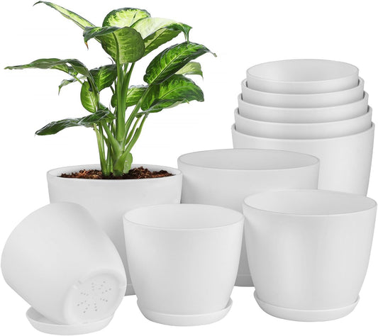 Lifemaster Eco friendly Plant Pot Set - 10-Pack Home Decor Flower Indoor and Outdoor Plastic Pots with Drainage Holes, Assorted Sizes (7", 6.6", 6", 5.3", 4.8") - Stackable Garden Versatile Planters