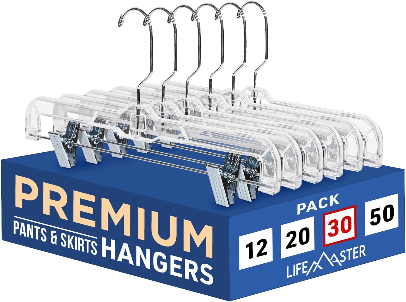 Lifemaster Clear Plastic Hangers - 30 Pieces 14 Inches Anti-slip Space-Saving, Closet Organization Solution - Pants, Trousers, Skirts, Jeans Hangers with 360° Swivel Hook and Adjustable Clips - Clear