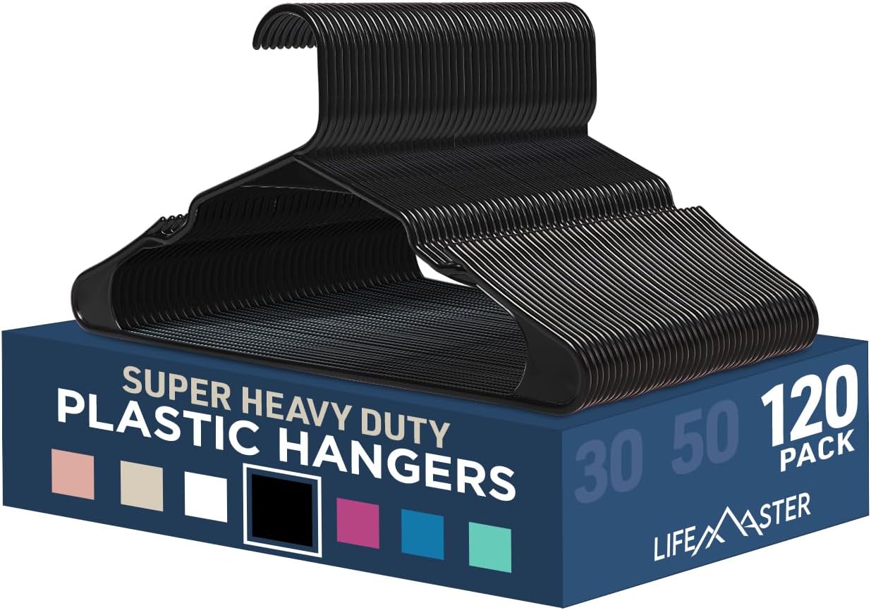 Lifemaster Plastic Clothes Hanger Set - 120 Pieces Versatile, Lightweight, Space-Saving, Non-Slip, Slim Designed, Dry And Wet Clothes Hanger Set - Black