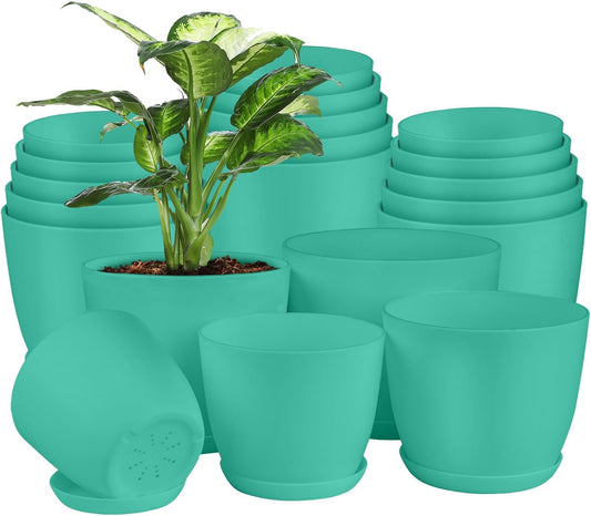 Planter Pots with Drainage Holes - Lightweight, Durable, and Space-Saving Pots for Indoor and Outdoor - Versatile Functionality, Simple Modern Design, Set of 20 Plastic Planter Pots - Aqua