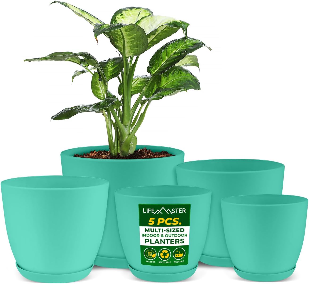 Planter Pots with Drainage Holes - Lightweight, Durable, and Space-Saving Pots for Indoor and Outdoor - Versatile Functionality, Simple Modern Design, Set of 5 Plastic Planter Pots - Aqua