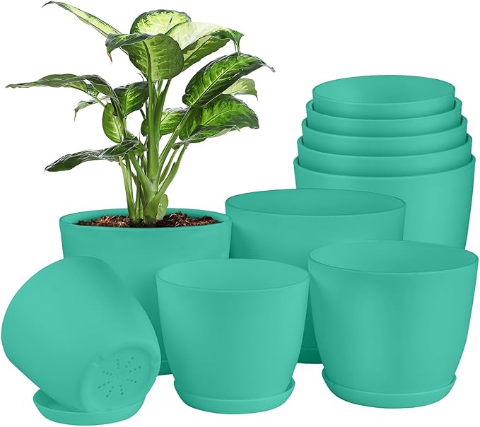 Planter Pots with Drainage Holes - Lightweight, Durable, and Space-Saving Pots for Indoor and Outdoor - Versatile Functionality, Simple Modern Design, Set of 10 Plastic Planter Pots - Aqua