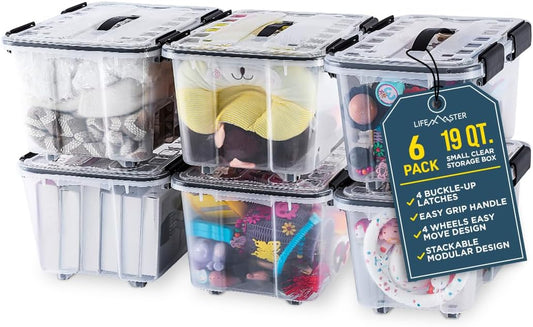 Lifemaster Stackable Storage Box Set - 6 Pieces 19 Quarts Multi-purpose, Space-Efficient Stackable Storage Boxes with Nestable Design, Secure Latches, Easy-Move Wheels & Pull-Out Base - Clear