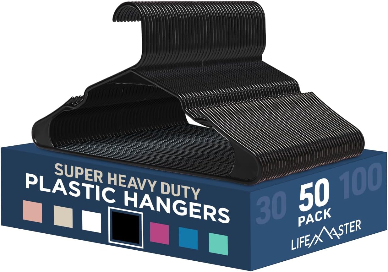 Lifemaster Plastic Clothes Hanger Set - 50 Pieces Versatile, Lightweight, Space-Saving, Non-Slip, Slim Designed, Dry And Wet Clothes Hanger Set - Black