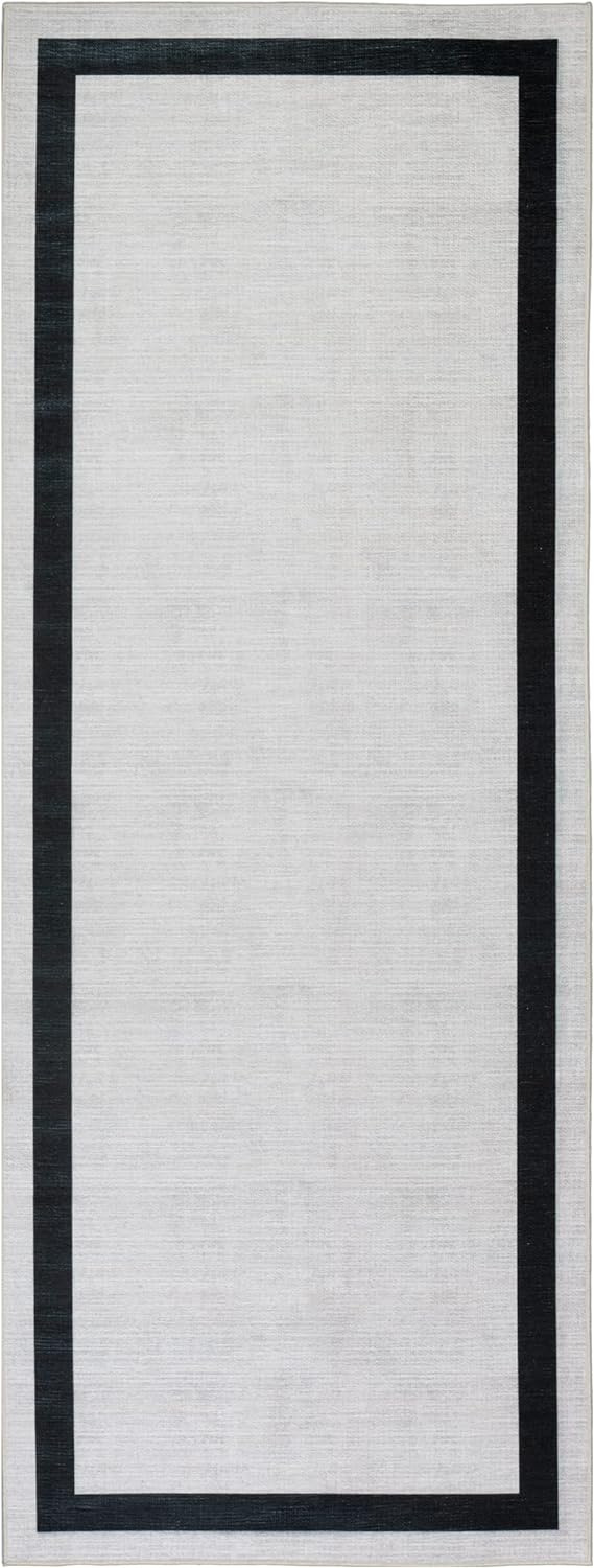 Playa Rug Machine Washable Area Rug With Non Slip Backing - Stain Resistant - Eco Friendly - Family and Pet Friendly - Everest Geometric Modern Bordered Creme&Black Design