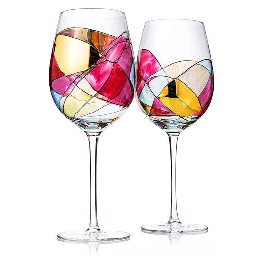 The Wine Savant Artisanal Hand Painted Renaissance Romantic Stain-glassed Windows Wine Glasses Set of 2 - Gift Idea for Her, Him, Birthday, Housewarming - Extra Large Goblets 29OZ (Stemmed)