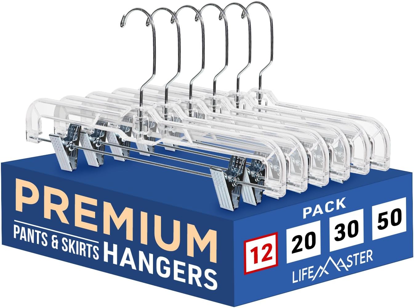 Lifemaster Clear Plastic Hangers - 12 Pieces 14 Inches Anti-slip Space-Saving, Closet Organization Solution - Pants, Trousers, Skirts, Jeans Hangers with 360° Swivel Hook and Adjustable Clips - Clear