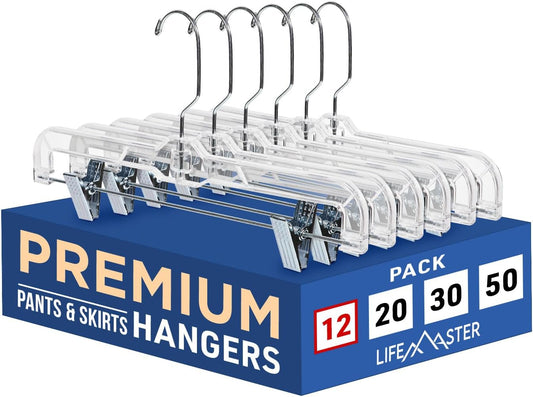 Lifemaster Clear Plastic Hangers - 12 Pieces 14 Inches Anti-slip Space-Saving, Closet Organization Solution - Pants, Trousers, Skirts, Jeans Hangers with 360° Swivel Hook and Adjustable Clips - Clear