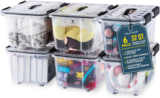 Lifemaster Stackable Storage Box Set - 6 Pieces 32 Quarts Multi-purpose, Space-Efficient Stackable Storage Boxes with Nestable Design, Secure Latches, Easy-Move Wheels & Pull-Out Base - Clear