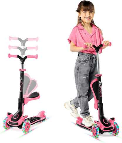 Kids Scooter – Foldable Seat – LED Wheel Lights Illuminate When Rolling – Children and Toddler 3 Wheel Kick Scooter – Adjustable Handlebar – Indoor and Outdoor