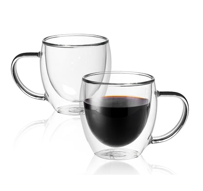 Delight King Glass Coffee Mugs Set of 2 – Premium Borosilicate Glass Coffee Mug Set – Practical and Heat Resistant Cute Glass Cups for Coffee, Tea, Cappuccino – Easy to Hold Modern Clear Glass Cups
