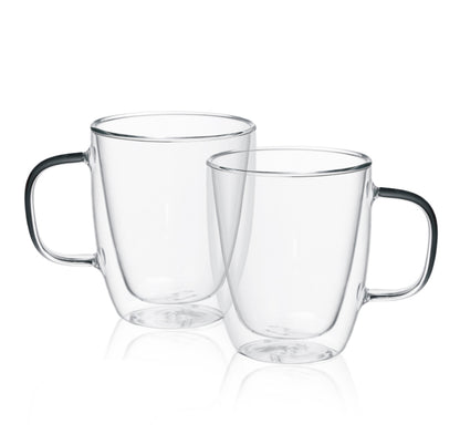 Delight King Glass Coffee Mugs Set of 2 – Premium Borosilicate Glass Coffee Mug Set – Practical and Heat Resistant Cute Glass Cups for Coffee, Tea, Cappuccino – Easy to Hold Modern Clear Glass Cups