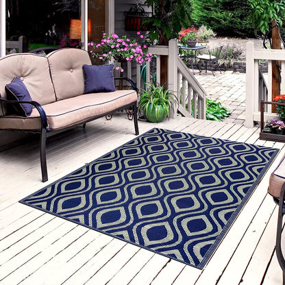 Playa Outdoor Rug - Crease-Free Recycled Plastic Floor Mat for Patio, Camping, Beach, Balcony, Porch, Deck - Weather, Water, Stain, Lightweight, Fade and UV Resistant - Venice- Navy & Creme