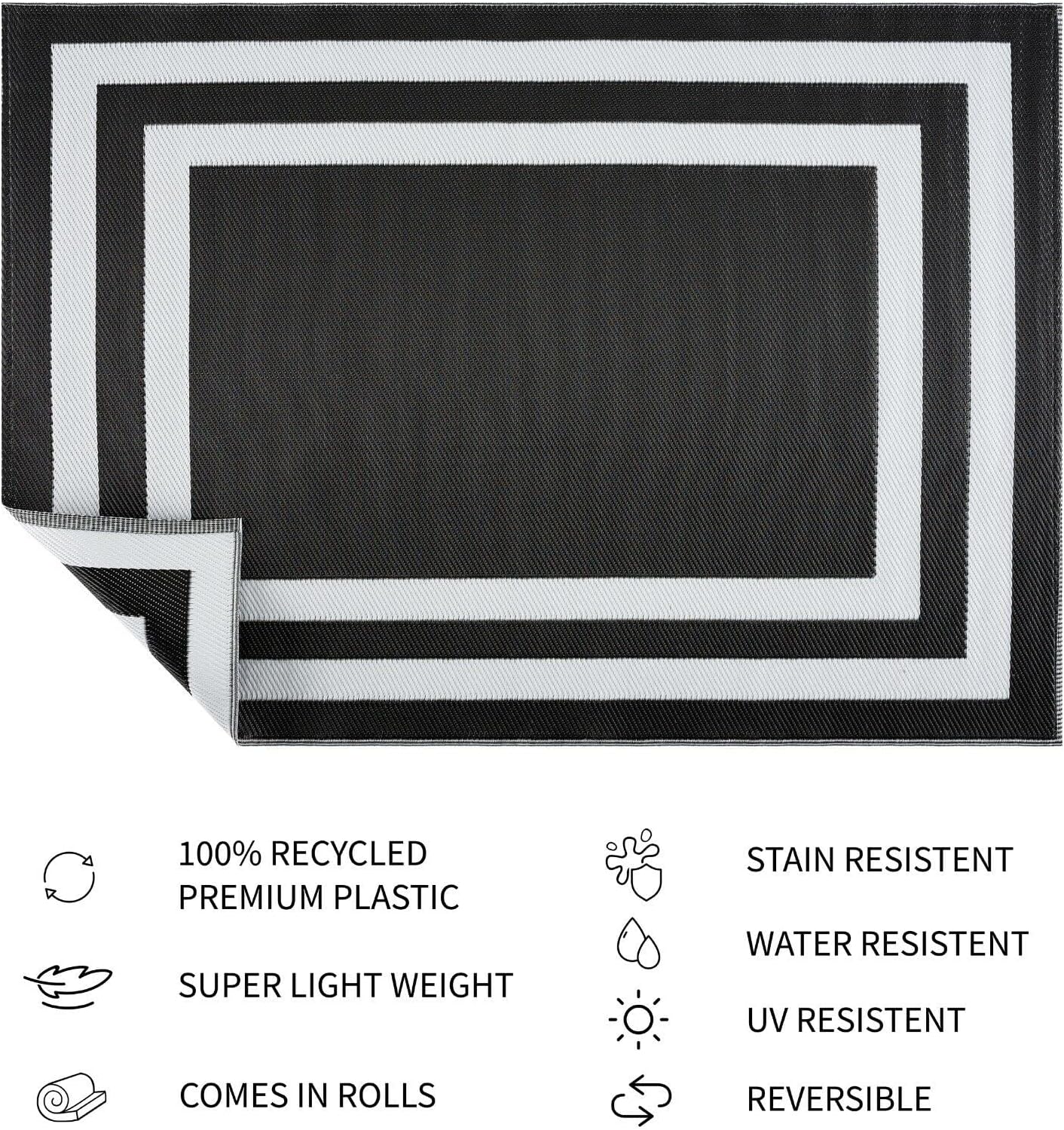 Playa Outdoor Rug - Crease-Free Recycled Plastic Floor Mat for Patio, Camping, Beach, Balcony, Porch, Deck - Weather, Water, Stain, Lightweight, Fade and UV Resistant - Paris- Black & White