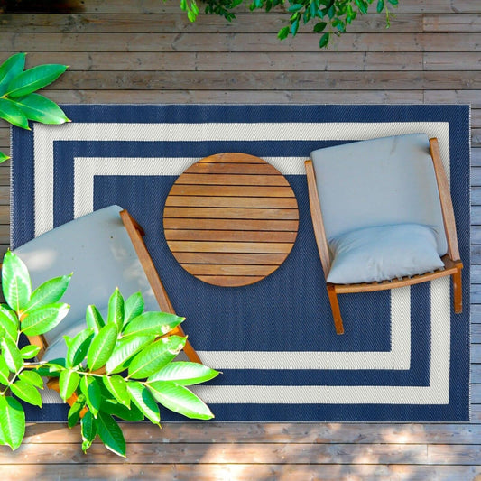 Playa Outdoor Rug - Crease-Free Recycled Plastic Floor Mat for Patio, Camping, Beach, Balcony, Porch, Deck - Weather, Water, Stain, Lightweight, Fade and UV Resistant - Paris- Navy & Creme